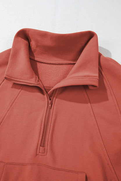 Brown Fleece Lined Zip Up Stand Collar Thumbhole Sleeve Sweatshirt