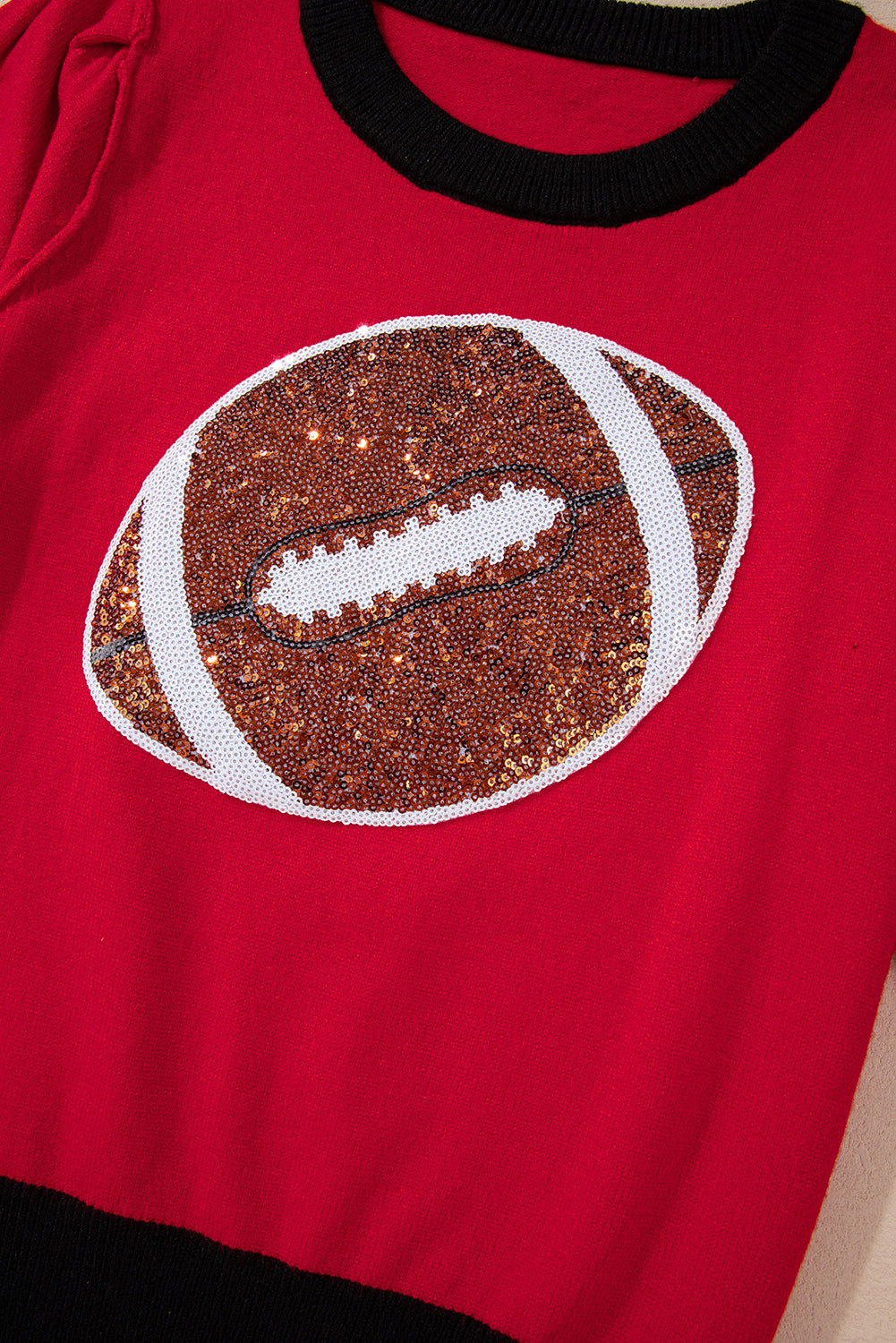 Purple Sequin Football Color Block Puff Short Sleeve Sweater
