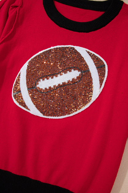 Purple Sequin Football Color Block Puff Short Sleeve Sweater