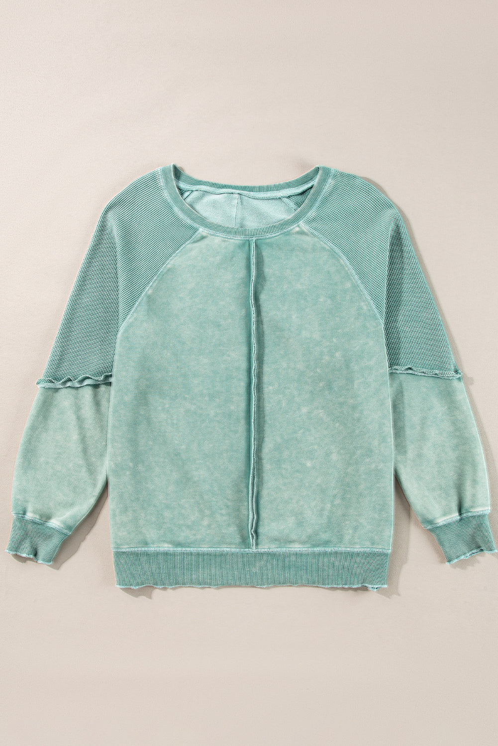 Black Solid Waffle Knit Patchwork Raglan Sleeve Sweatshirt