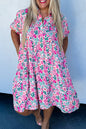 Pink Plus Size Floral Half Button Short Puff Sleeve A-line Dress
