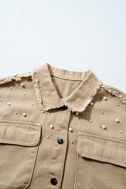 Bonbon Pearl Beaded Raw Hem Button Up Denim Jacket