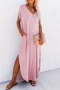 Grass Green V Neck Hidden Pocket Splits Maxi T-shirt Dress
