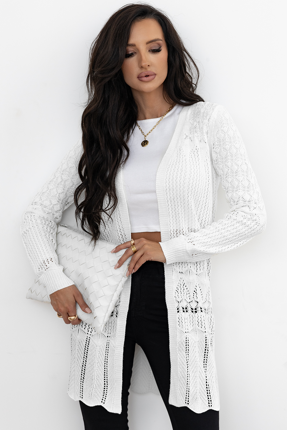 Black Crochet Hollow Out Open Front Cardigan