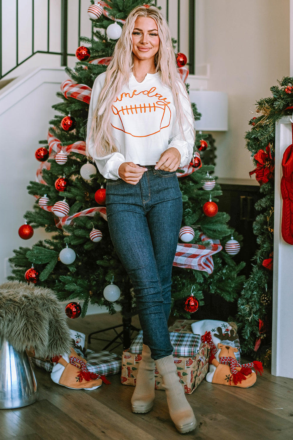 Orange Game Day Lettering Football Notched Neck Sweatshirt