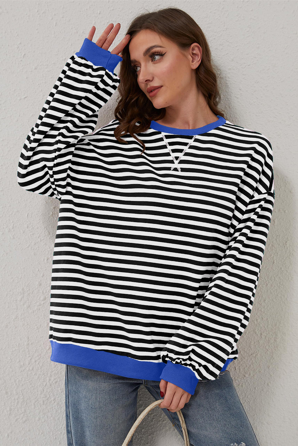 Green Stripe Oversized Contrast Trim Pullover Sweatshirt