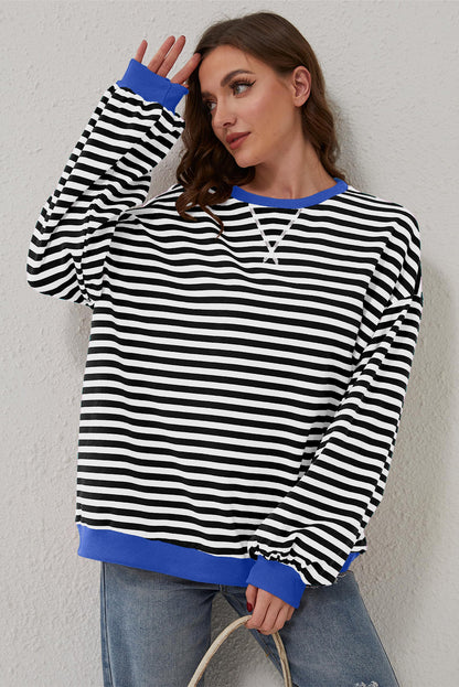 Green Stripe Oversized Contrast Trim Pullover Sweatshirt