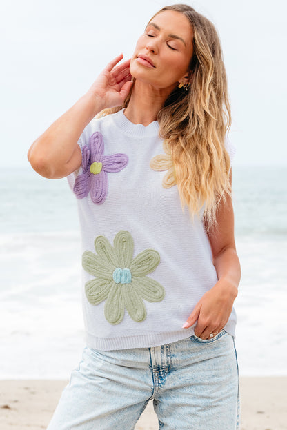 Pink Multi Crochet Flower Knit Short Sleeve Sweater Top