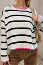 White Stripe Color Contrast Drop Shoulder Crew Neck Sweater