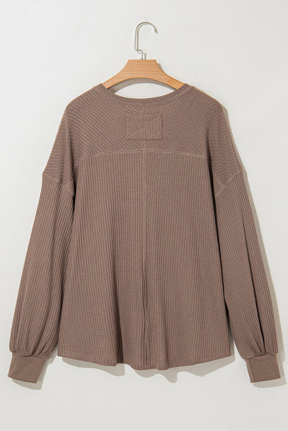 Orchid Petal Waffle V Neck Long Sleeve Drop Shoulder Loose Blouse