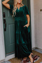 Prussian Blue Velvet Short Sleeve Shirred Waist Tiered Maxi Dress
