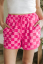 Black Checkered Drawstring Elastic Waist Casual Shorts