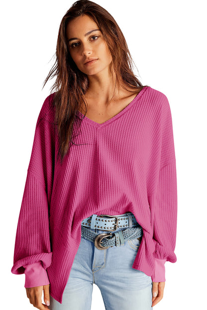 Orchid Petal Waffle V Neck Long Sleeve Drop Shoulder Loose Blouse