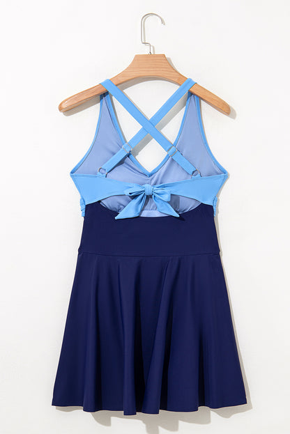 Navy Blue Crisscross Straps Tie Back Flared One Piece Swimsuit