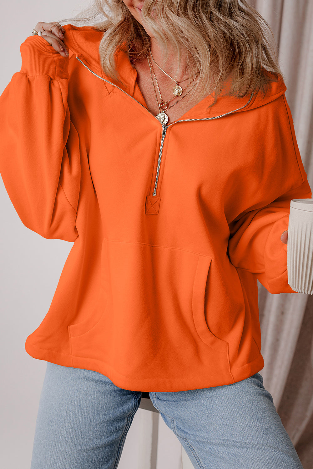 Light Grey Fleece Lined Half Zipper Kangaroo Pockets Loose Hoodie