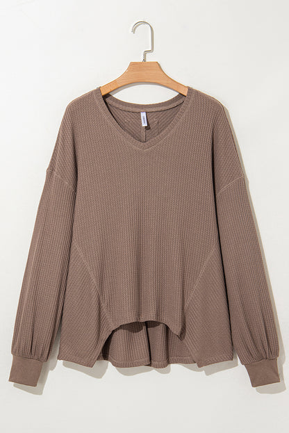 Orchid Petal Waffle V Neck Long Sleeve Drop Shoulder Loose Blouse
