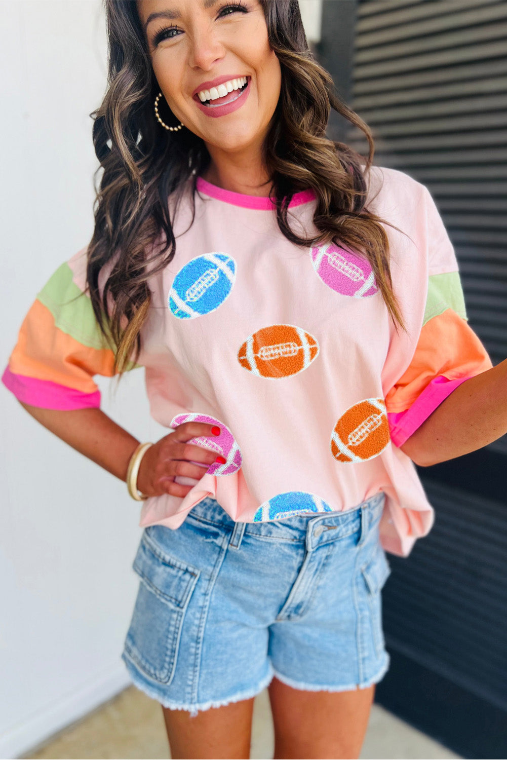 Pink Football Chenille Embroidered Color Block Half Sleeve T Shirt