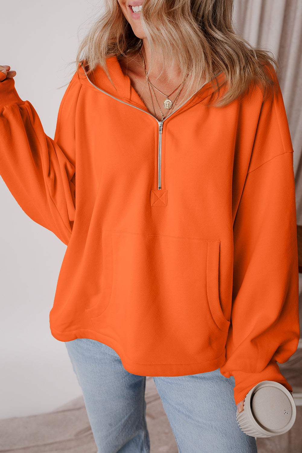 Light Grey Fleece Lined Half Zipper Kangaroo Pockets Loose Hoodie