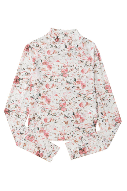 Brown Floral Long Sleeve High Neck Sheath Mesh Blouse