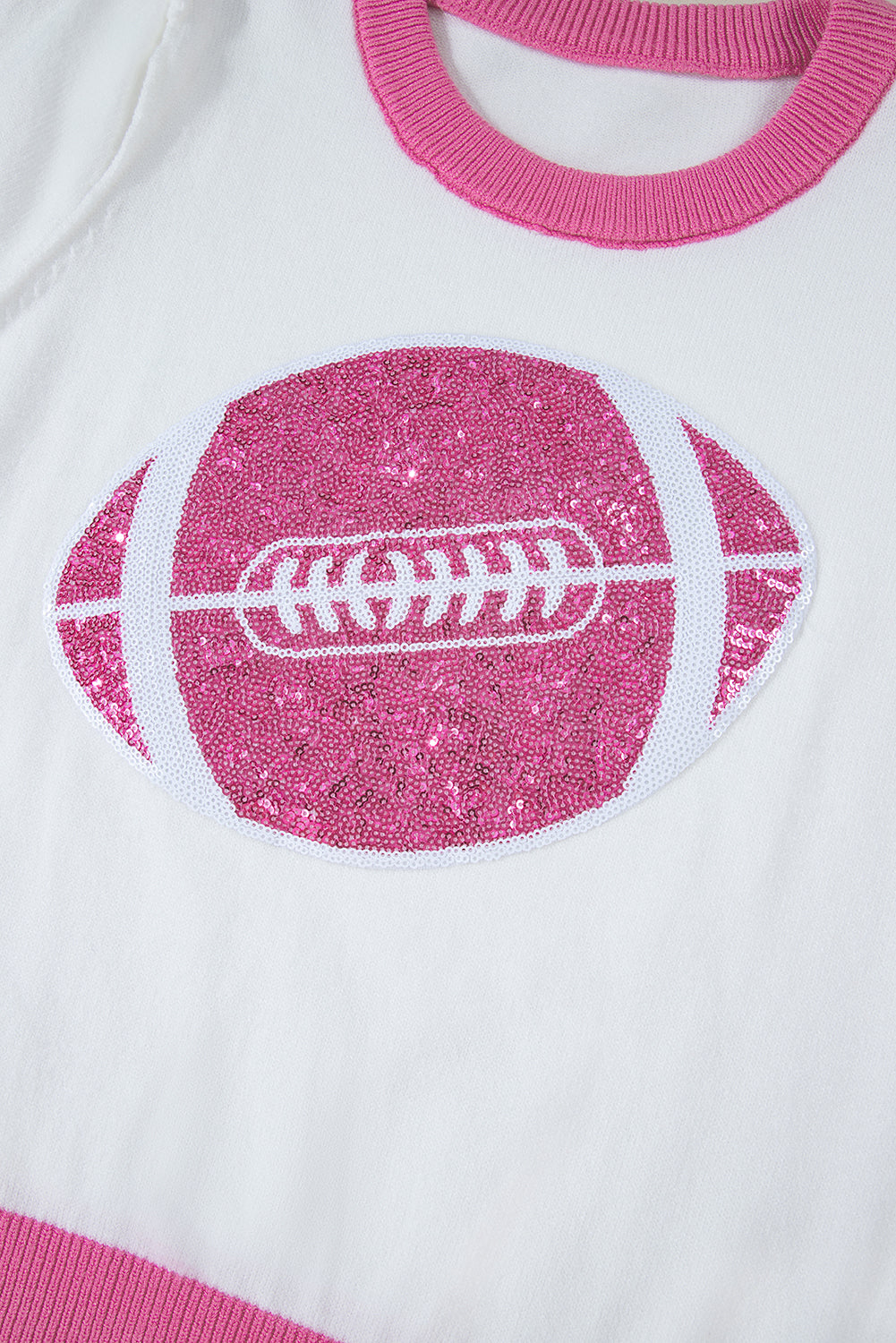 Purple Sequin Football Color Block Puff Short Sleeve Sweater