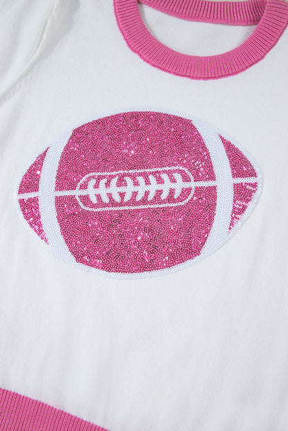 Purple Sequin Football Color Block Puff Short Sleeve Sweater