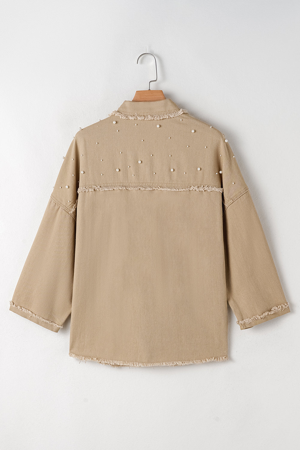 Bonbon Pearl Beaded Raw Hem Button Up Denim Jacket