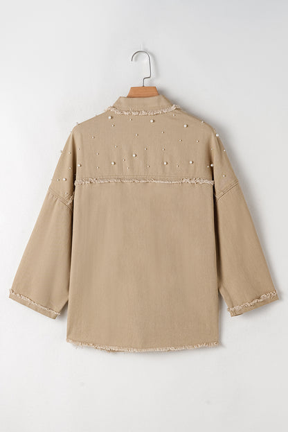 Bonbon Pearl Beaded Raw Hem Button Up Denim Jacket