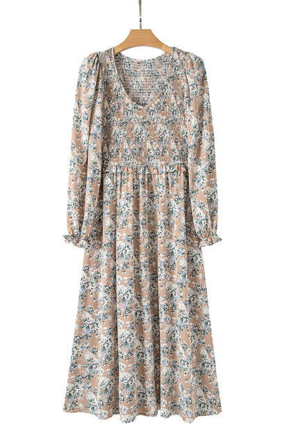 Khaki Maple Grove Floral Smocked Puff Sleeve Long Dress
