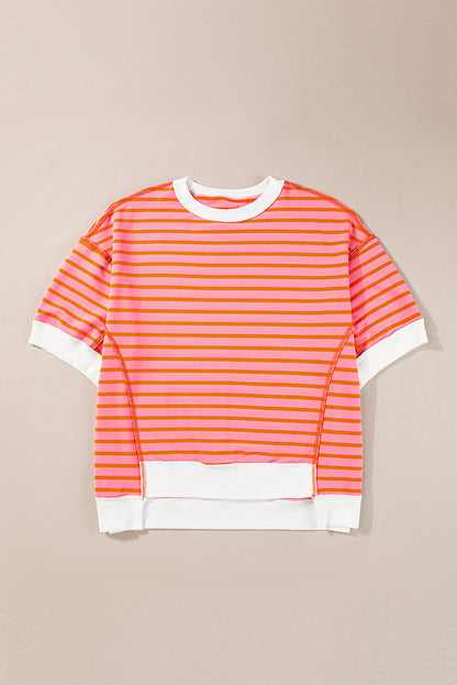Sky Blue Stripe Oversized Contrast Trim Exposed Seam High Low T Shirt