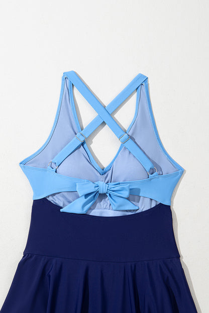 Navy Blue Crisscross Straps Tie Back Flared One Piece Swimsuit