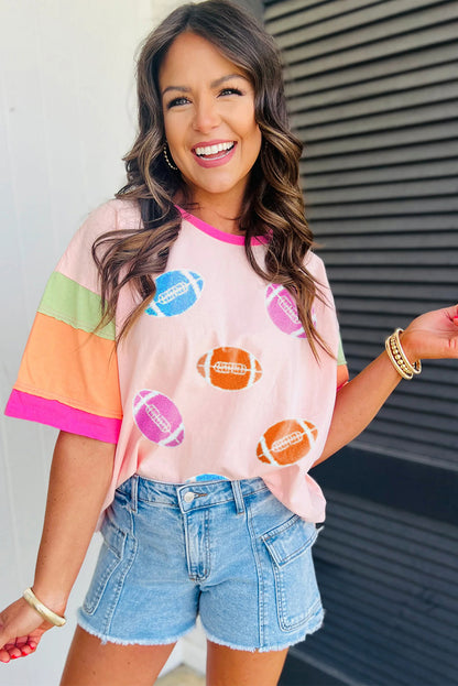 Pink Football Chenille Embroidered Color Block Half Sleeve T Shirt