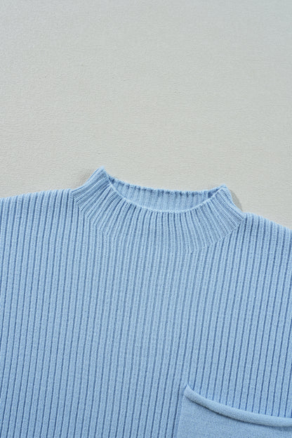 Beau Blue Patch Pocket Ribbed Knit Short Sleeve Sweater