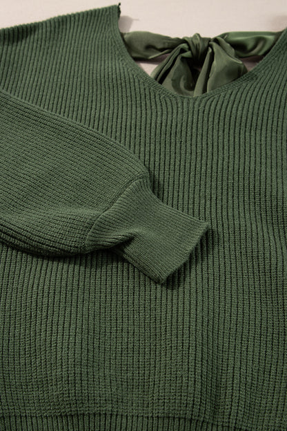 Black Lantern Sleeve V Neck Knot Back Sweater