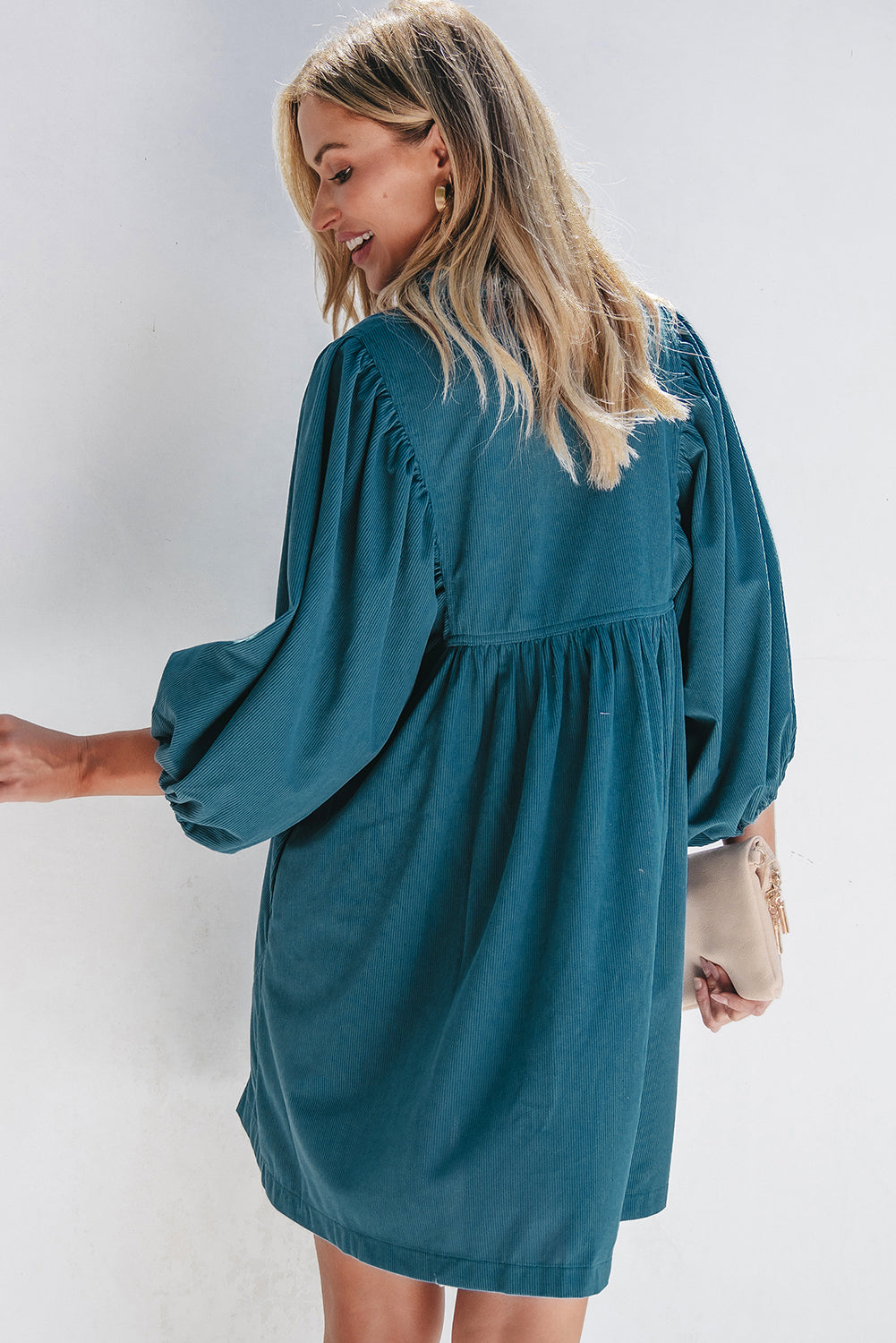 Vineyard Green Corduroy Snap Buttons Empire Waist Bracelet Sleeve Dress