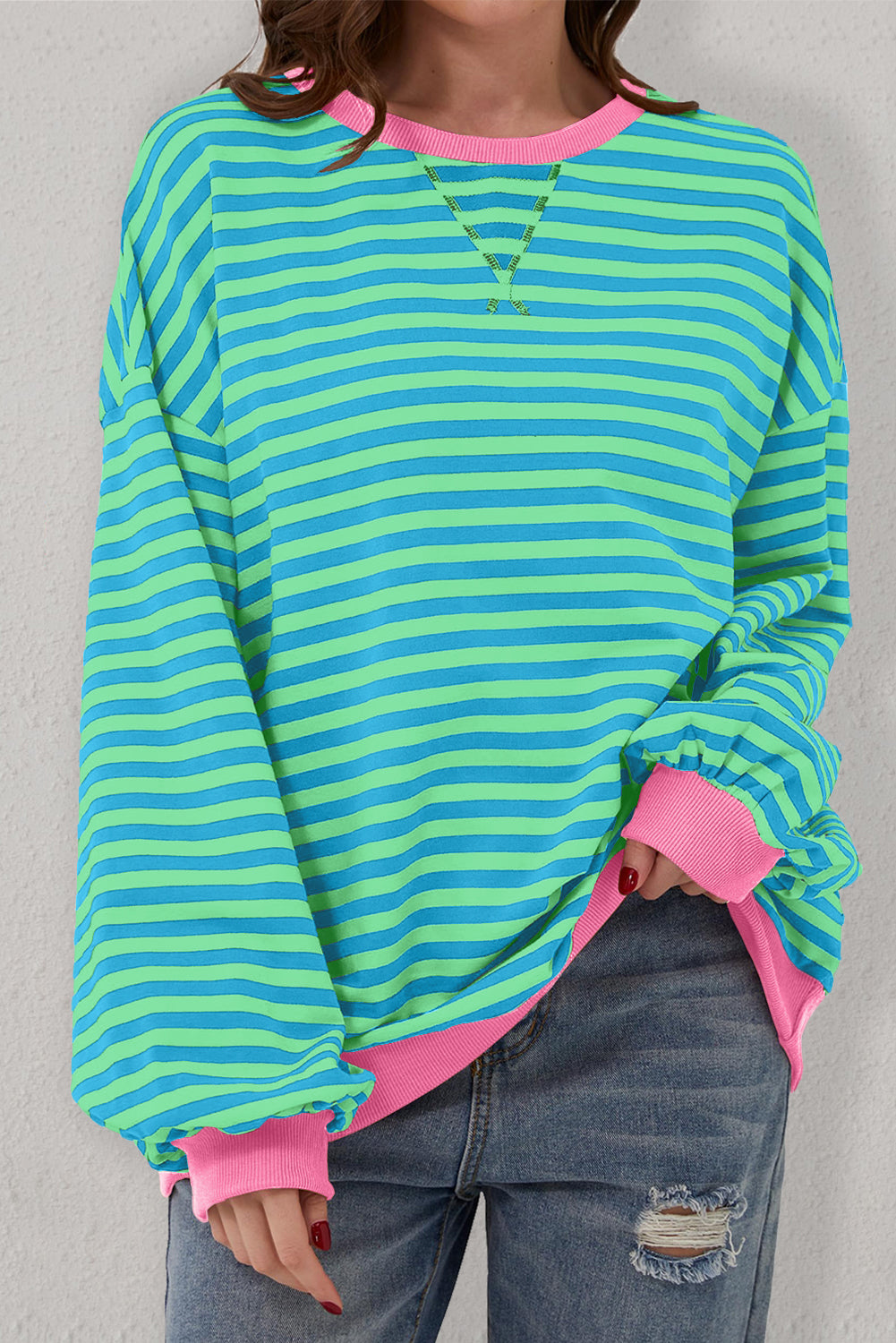 Green Stripe Oversized Contrast Trim Pullover Sweatshirt
