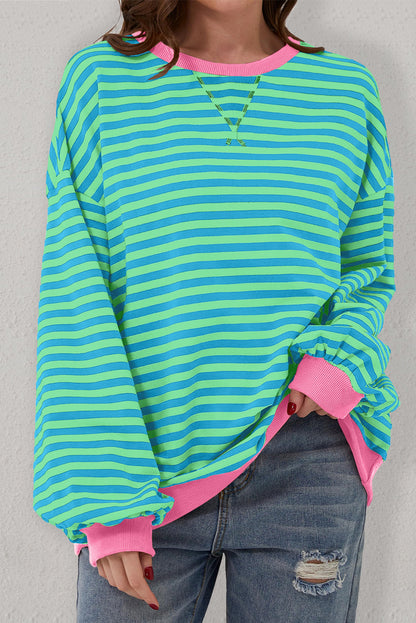 Green Stripe Oversized Contrast Trim Pullover Sweatshirt