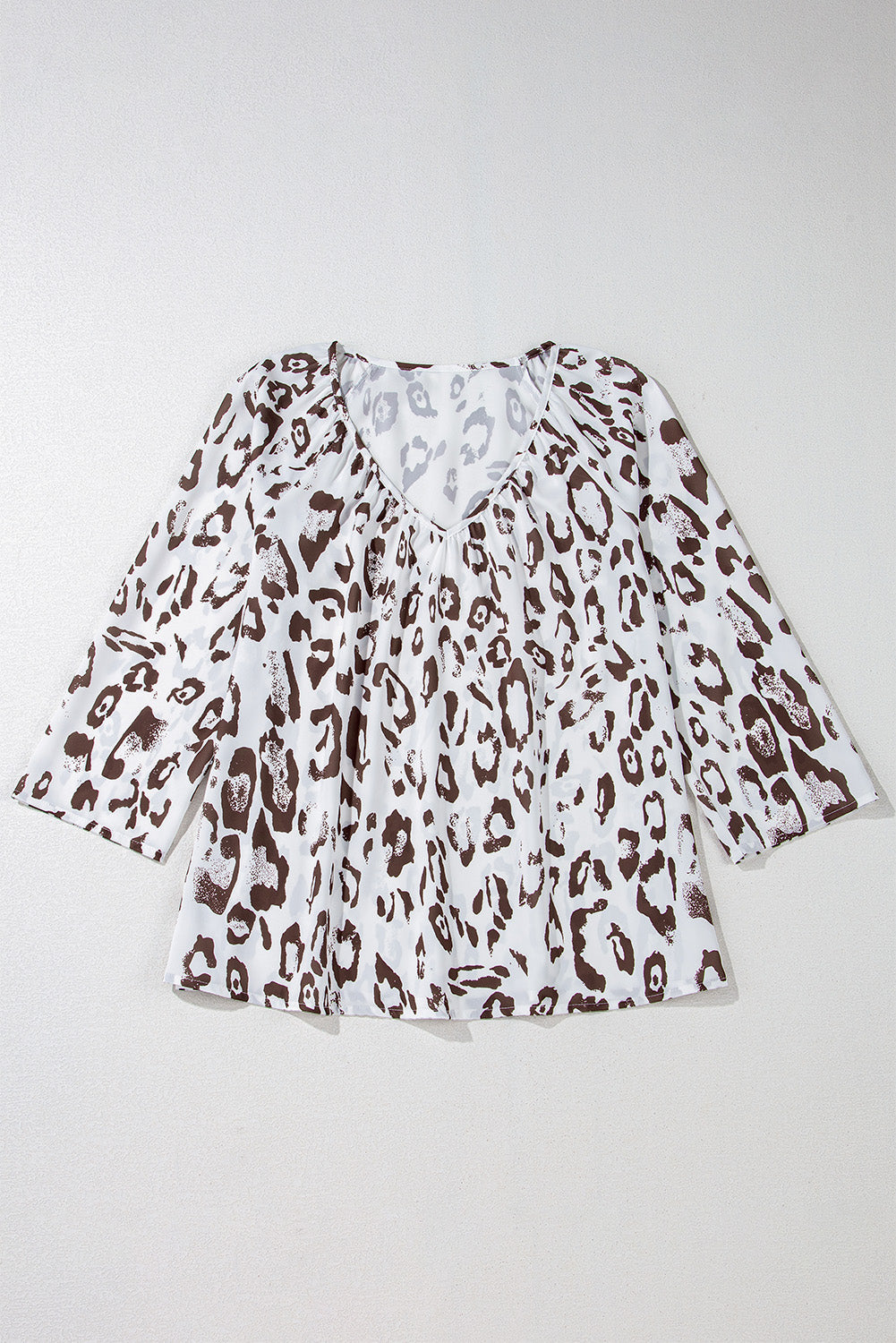 Black Leopard Print Ruched V Neck 3/4 Sleeve Blouse