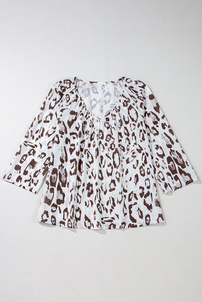 Black Leopard Print Ruched V Neck 3/4 Sleeve Blouse