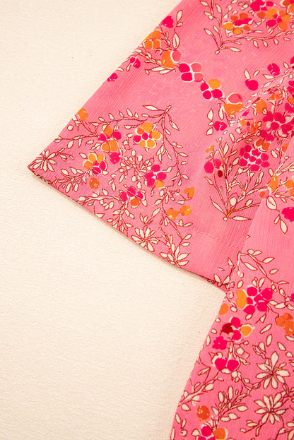 Rose Red Floral Print Wide Short Sleeve Loose Shirt