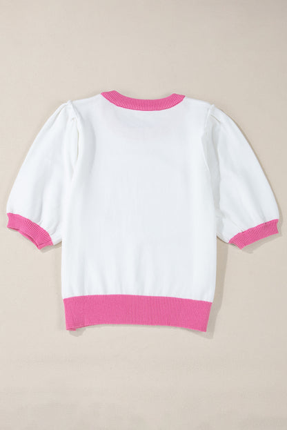 Purple Sequin Football Color Block Puff Short Sleeve Sweater