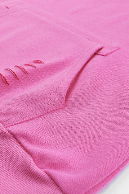 Pink Solid Ripped Hooded Sweatshirt with Kangaroo Pocket
