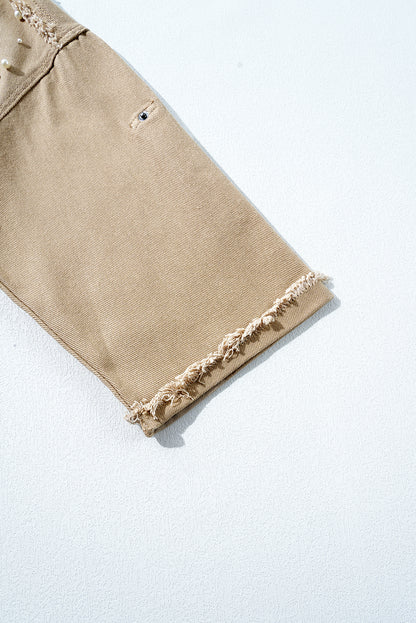 Bonbon Pearl Beaded Raw Hem Button Up Denim Jacket