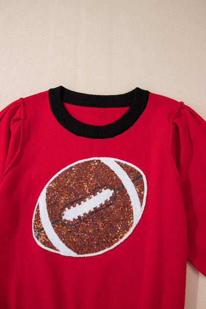 Purple Sequin Football Color Block Puff Short Sleeve Sweater