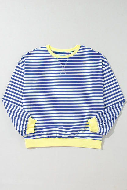Green Stripe Oversized Contrast Trim Pullover Sweatshirt