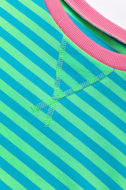Green Stripe Oversized Contrast Trim Pullover Sweatshirt