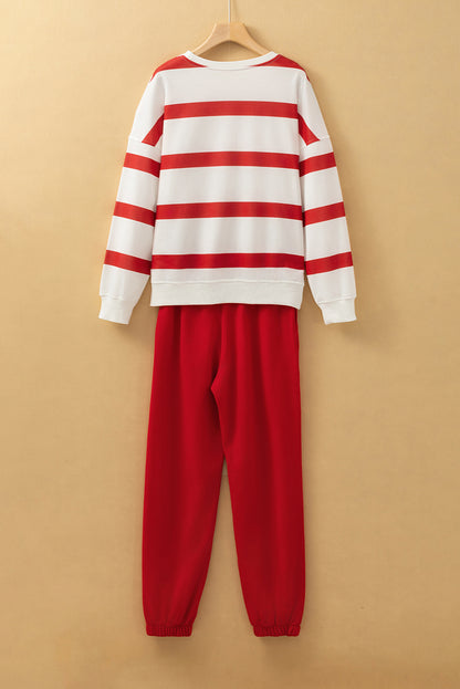 Black Stripe Drop Shoulder Pullover and Jogger Pants Set