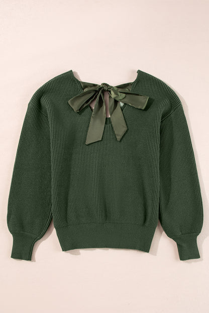 Black Lantern Sleeve V Neck Knot Back Sweater