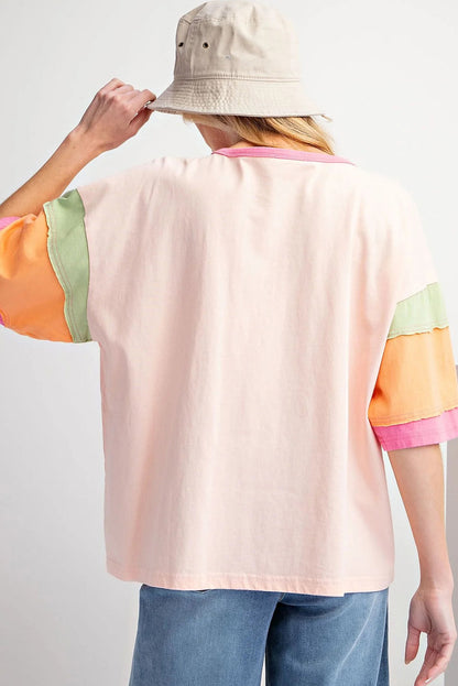 Pink Football Chenille Embroidered Color Block Half Sleeve T Shirt
