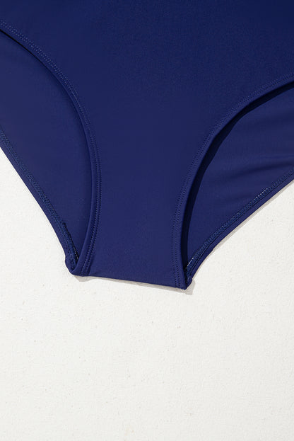 Navy Blue Crisscross Straps Tie Back Flared One Piece Swimsuit