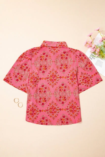 Rose Red Floral Print Wide Short Sleeve Loose Shirt